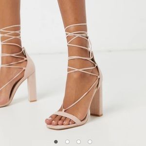 Public Desire Beige Ankle Tie Block Heeled Sandal